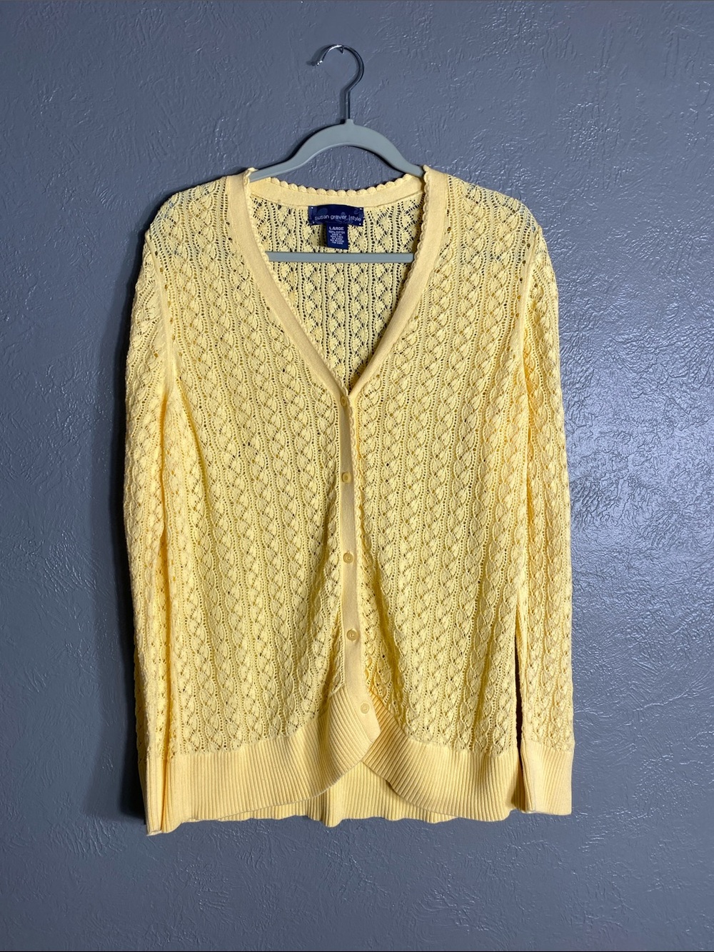 Susan Graver 100% Cotton Cardigan Sweater L Yellow Open Knit Button Front